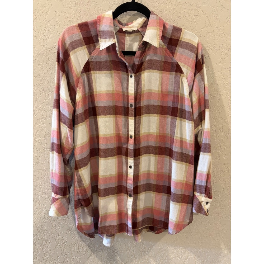 Westbound Womens Pink Plaid Raglan Long Sleeve Button Down Flannel Shirt Small